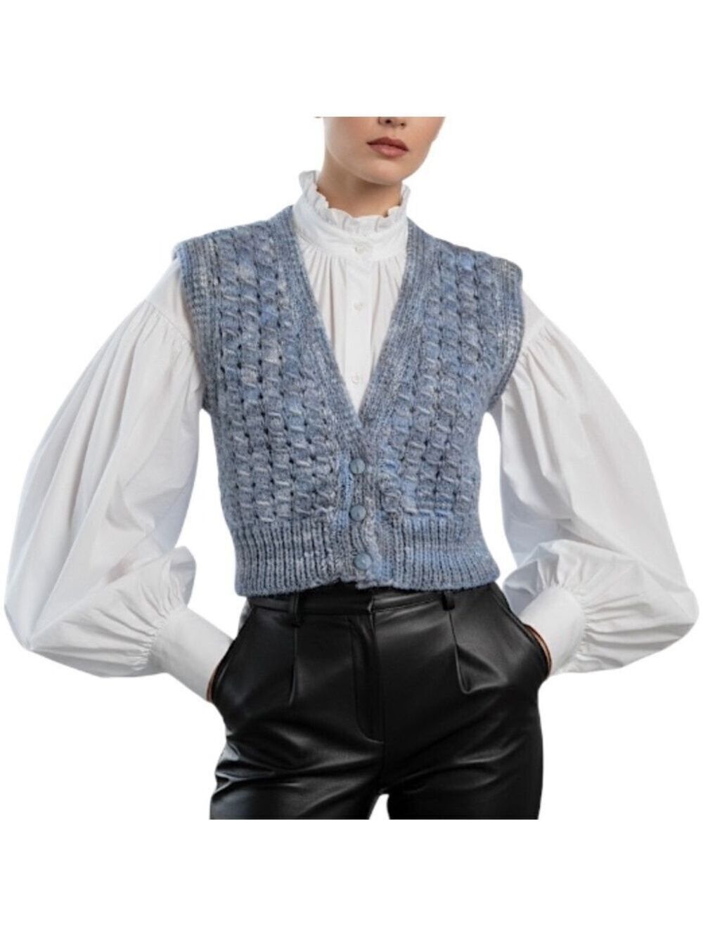 Retro cropped hand knit grey blue melange old money sweater vest